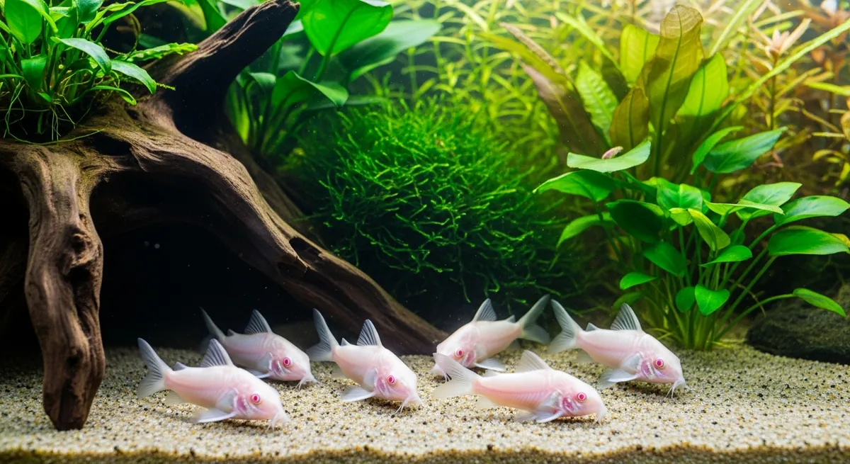 A group of albino corydoras with pinkish-white bodies foraging on pale sand in a lush planted aquarium
