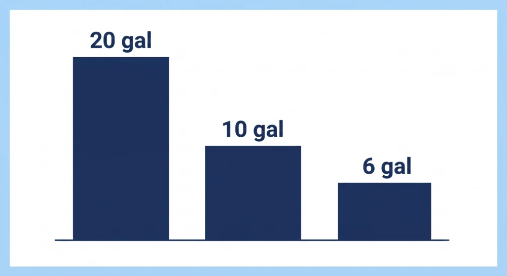 Bar chart: median overall aquarium 20 gallons, median betta tank 10 gallons, median shrimp tank 6 gallons