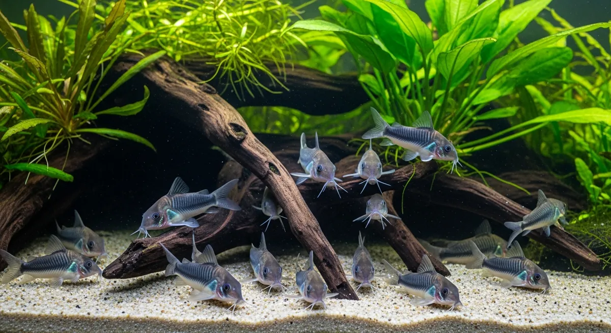 A group of bronze corydoras catfish foraging on pale sand beneath driftwood and green stem plants in a planted aquarium