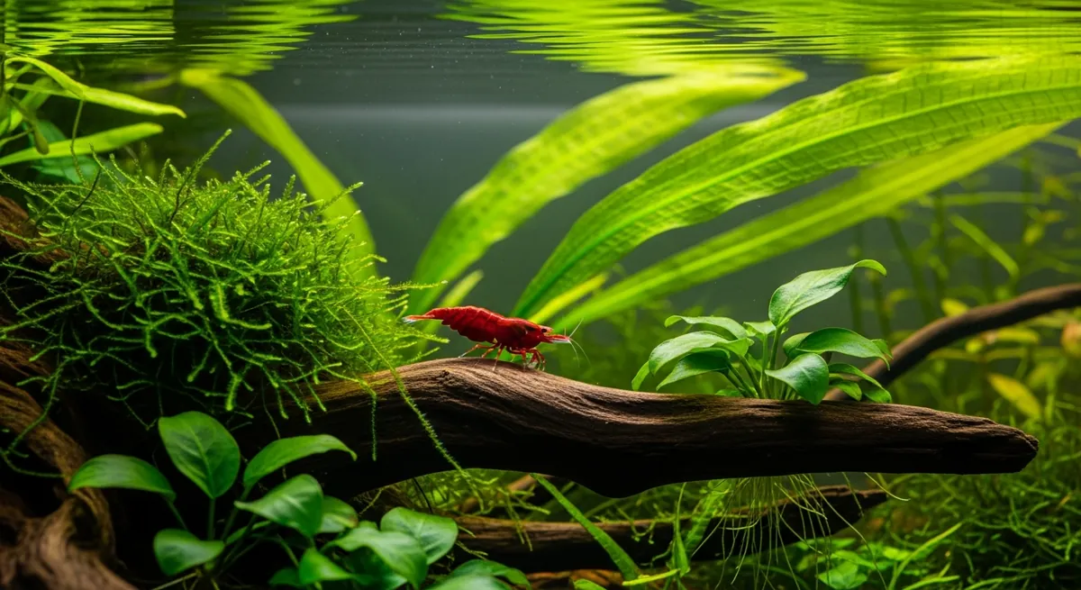 Red cherry shrimp grazing on driftwood in a planted freshwater aquarium with vallisneria, java moss, and clear water