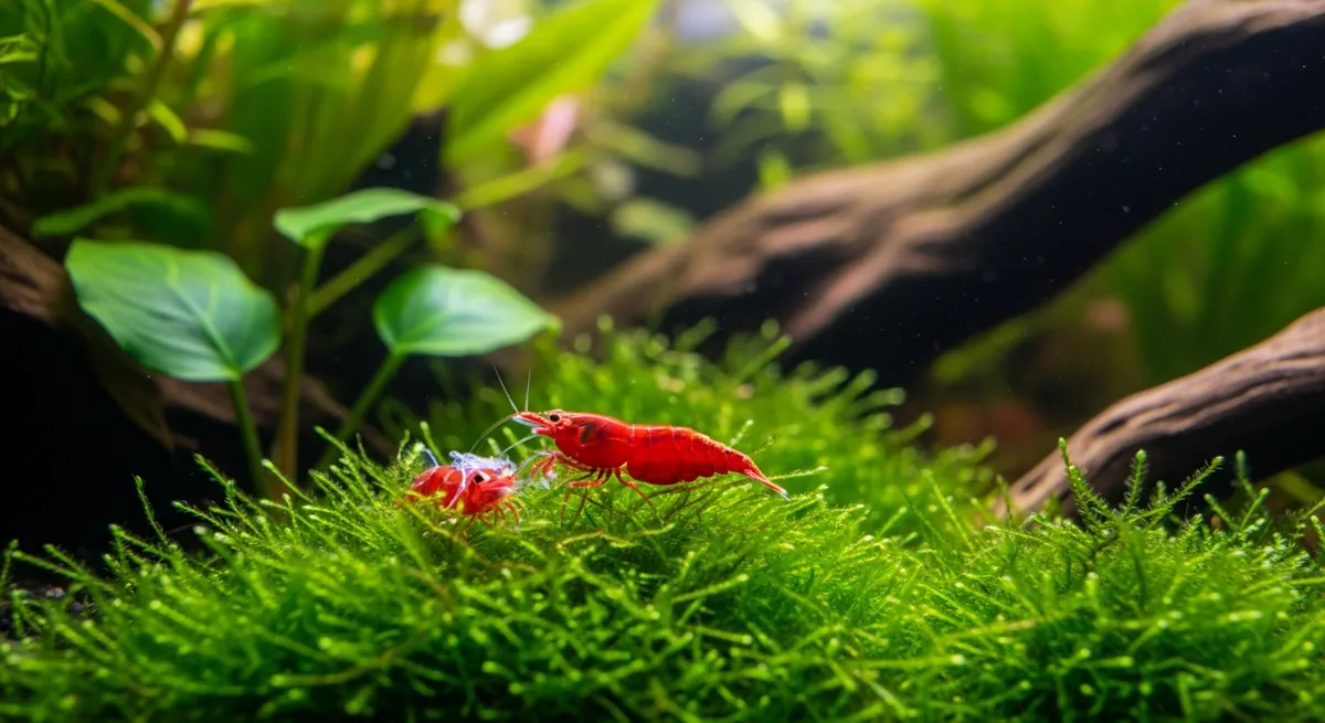 Red cherry shrimp on green moss in a planted freshwater aquarium with driftwood and fine gravel substrate