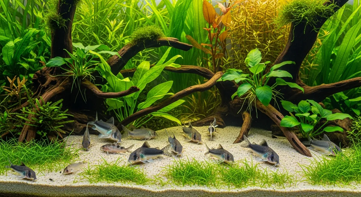 A thriving group of mature corydoras catfish foraging on pale sand in a lush, well-established planted aquarium