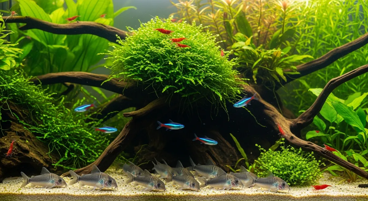 Group of bronze corydoras catfish with neon tetras and cherry shrimp in a planted community aquarium with driftwood and java fern