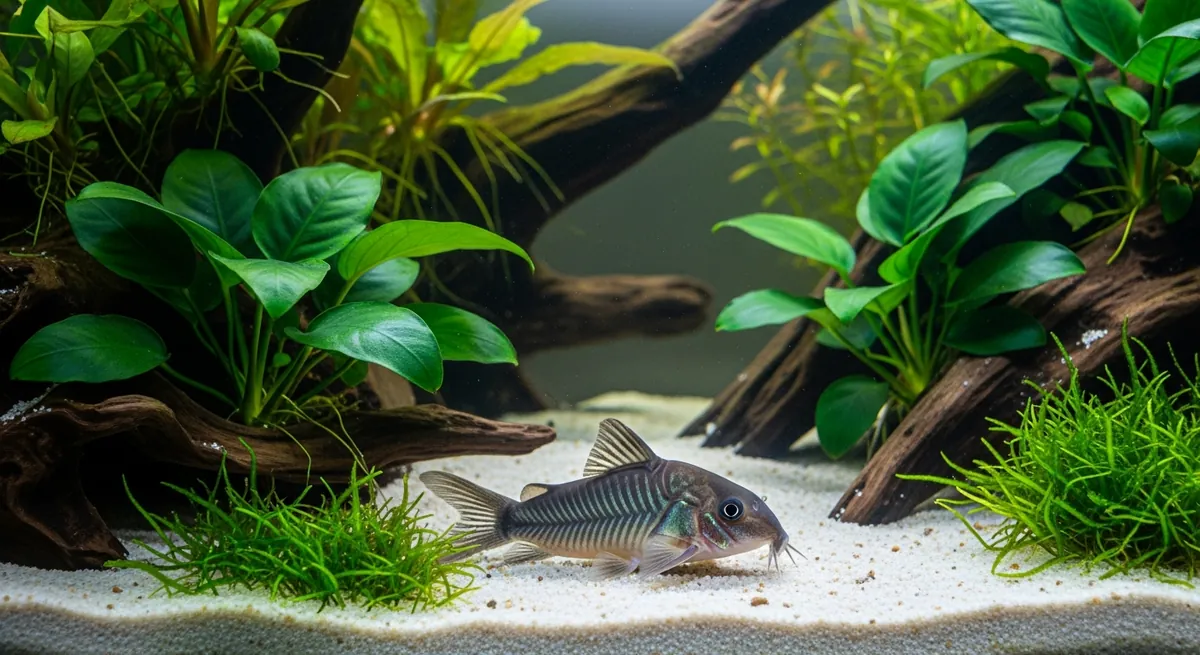 Bronze corydoras catfish resting on fine white sand beside a digital thermometer in a planted aquarium with driftwood and anubias