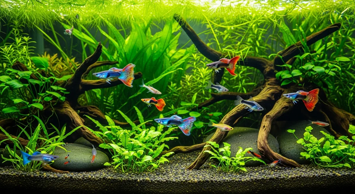 Colorful male guppies and corydoras catfish swimming together in a planted freshwater aquarium with green stems, river stones, and driftwood