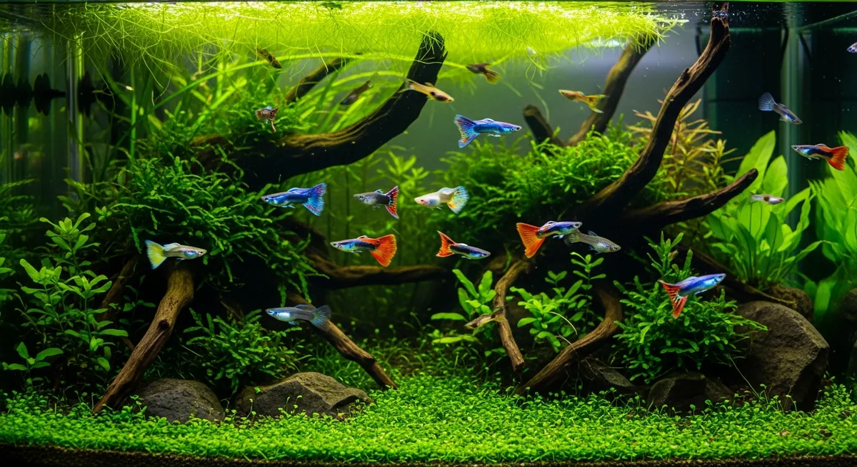 Small planted aquarium with a group of colorful male guppies swimming among java fern and driftwood under warm LED light
