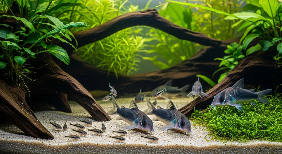 A group of bronze corydoras foraging on pale sand beside a small pygmy cory in a planted freshwater aquarium with driftwood and green stem plants
