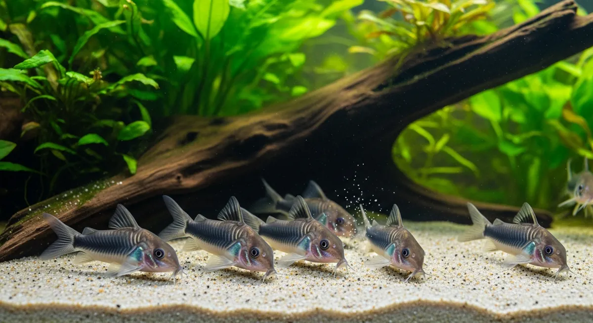 Group of bronze corydoras catfish foraging on pale sand in a planted aquarium with driftwood and java fern