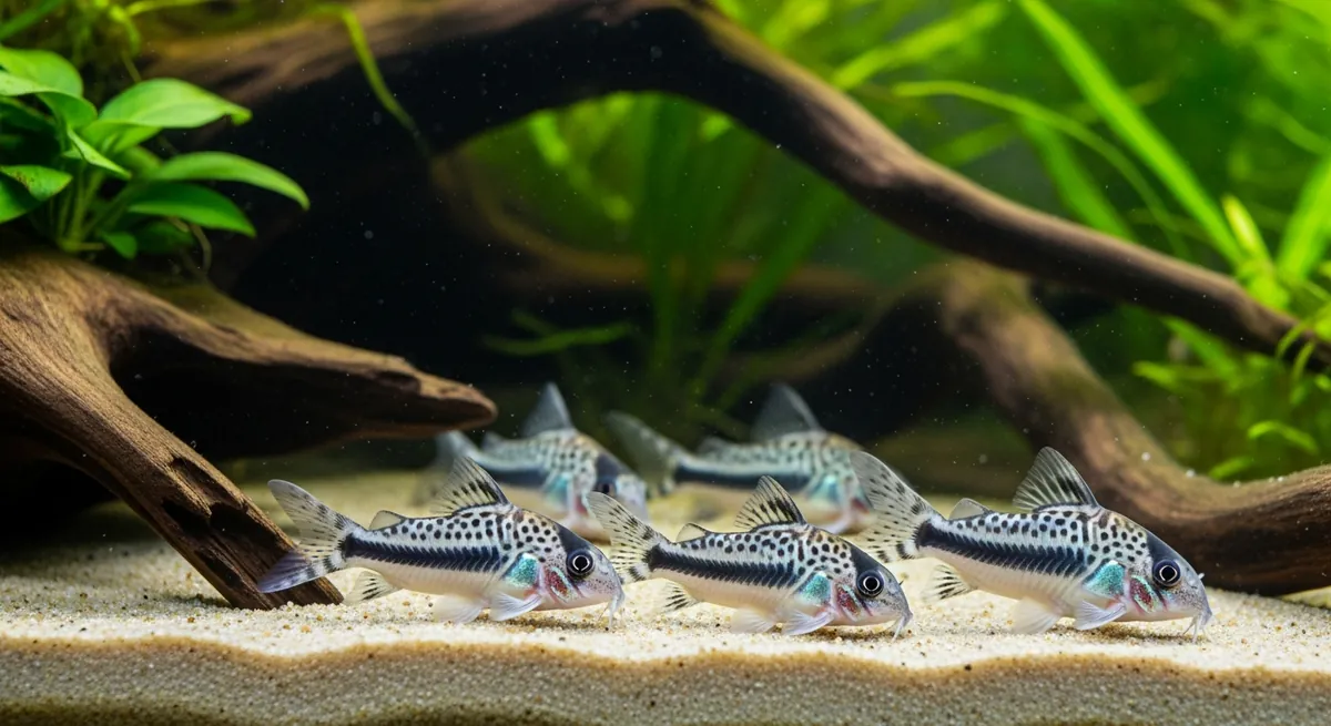 A group of julii corydoras with finely spotted silver bodies foraging on pale sand in a planted aquarium