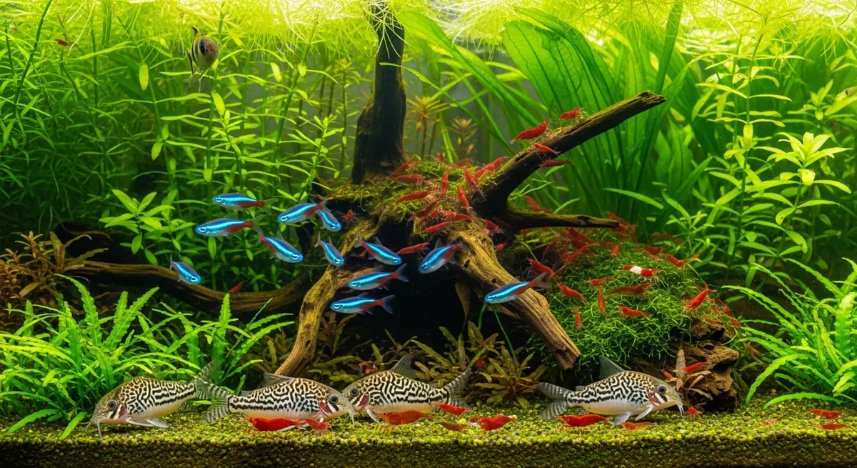 School of neon tetras with corydoras catfish and cherry shrimp in a densely planted community aquarium with driftwood and green stem plants