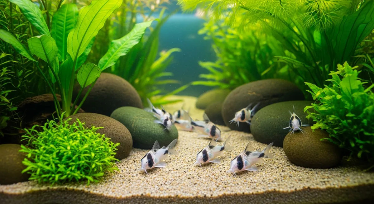 A group of panda corydoras foraging on pale sand in a lush planted aquarium