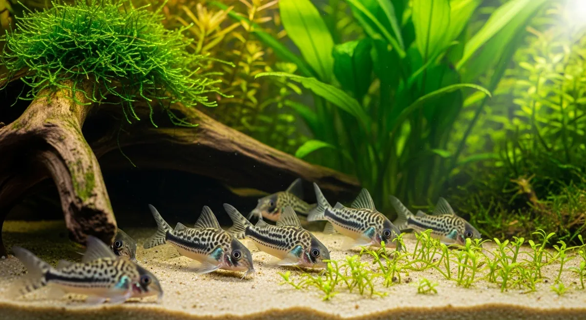 A group of peppered corydoras with mottled grey-green bodies foraging on pale sand in a planted aquarium