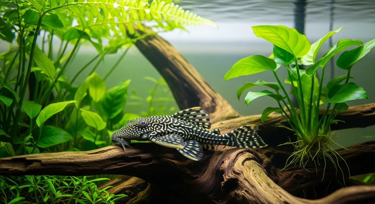 Bristlenose pleco resting on a piece of driftwood in a planted freshwater aquarium with java fern and anubias