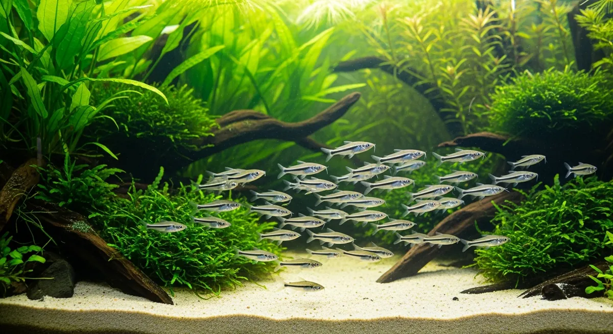 A lush planted nano aquarium with a shoal of small fish swimming in mid-water