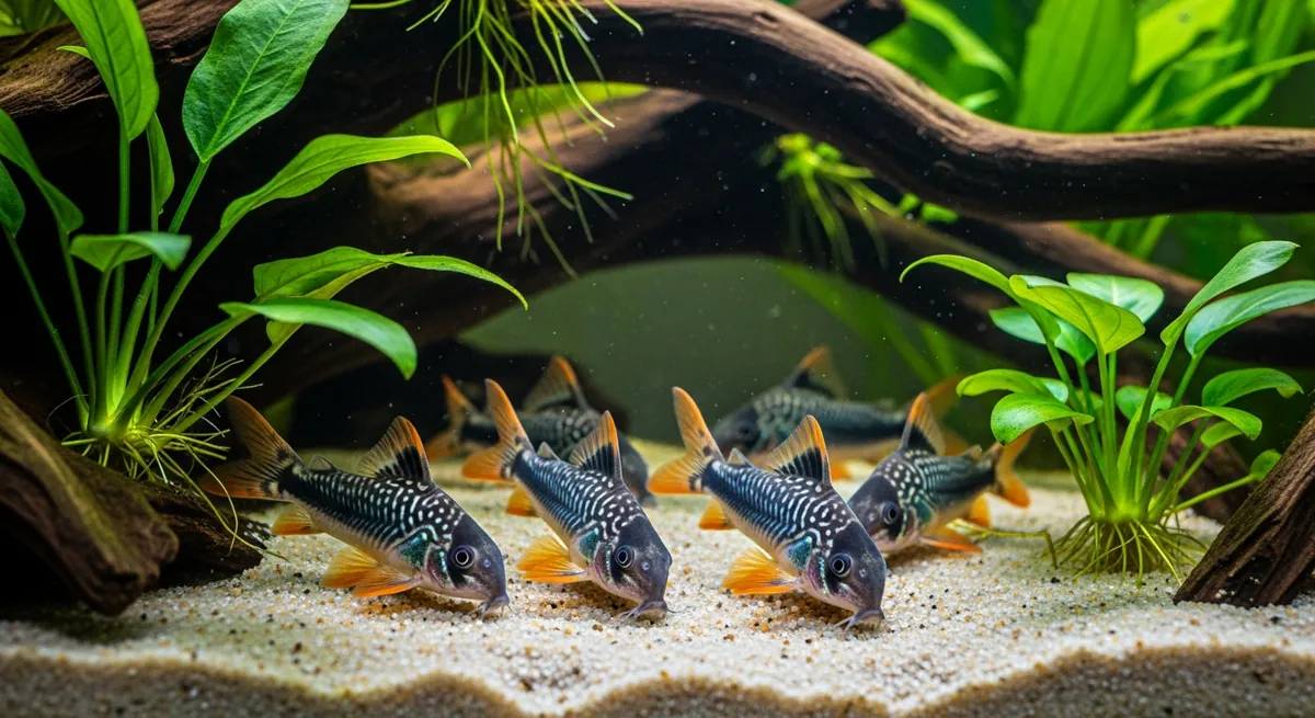 A group of sterbai corydoras with spotted bodies and orange pectoral fins foraging on pale sand beneath driftwood and green plants