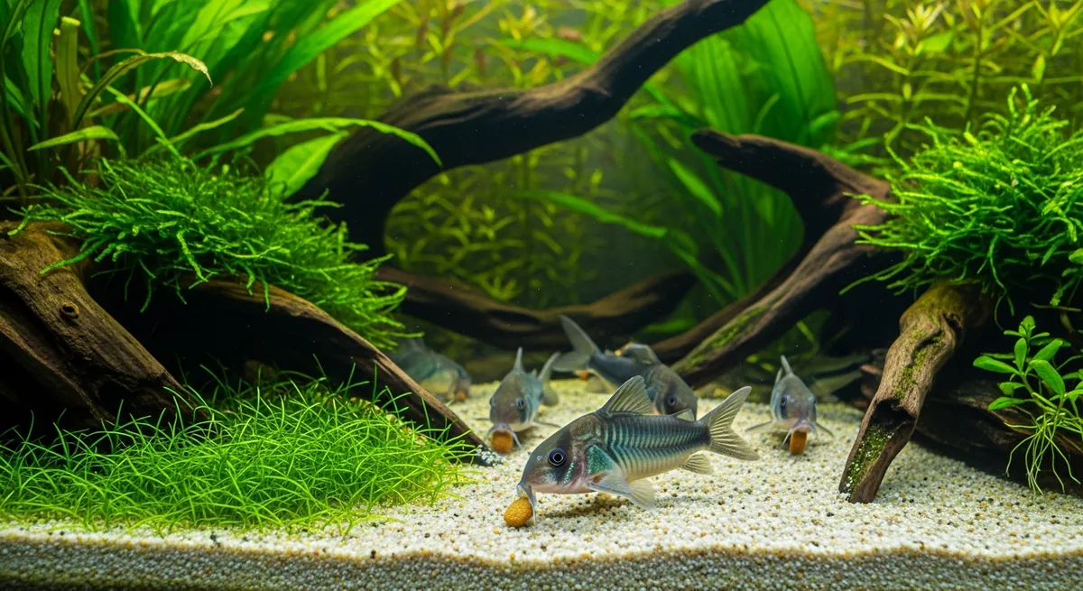 Corydoras catfish feeding on sinking wafers scattered across pale sand beside driftwood and green plants in a planted aquarium